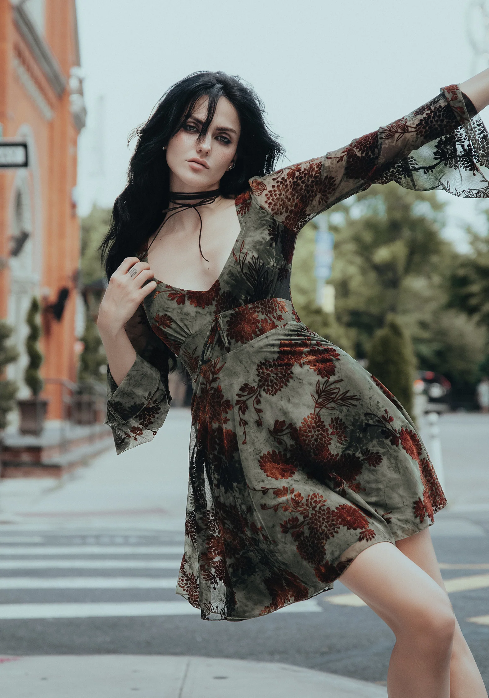 Rosaleigh Flock Velour Mesh Flare Sleeve Mini Dress - Image 8